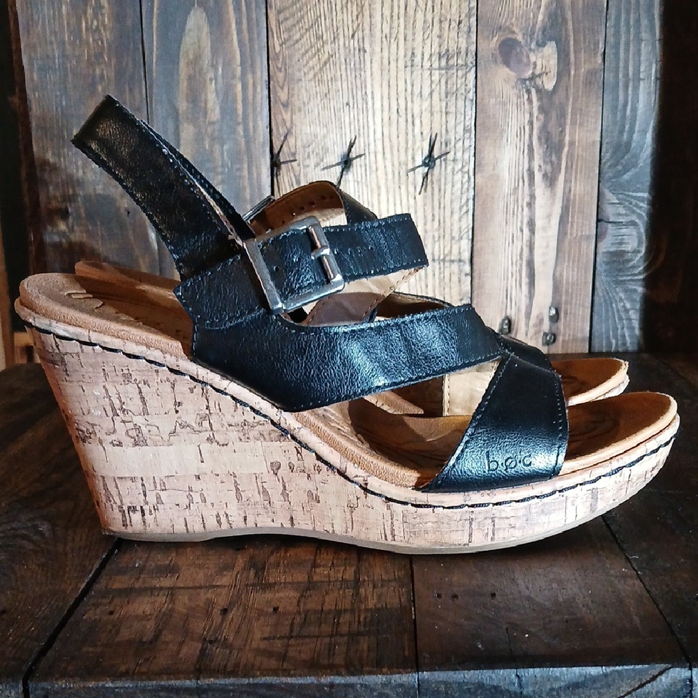 b.o.c. Black Leather Cork Wedges